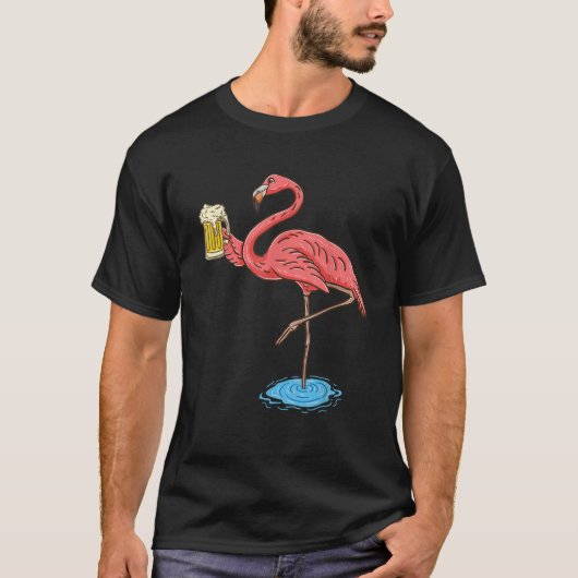 フラミンゴがビールを飲んでいる Tシャツ (正面)