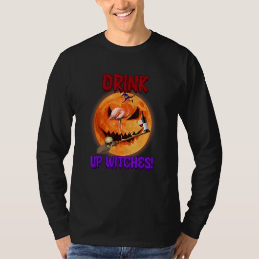 フラミンゴがフラミンゴ・ムーンの魔女を飲む Tシャツ (正面)