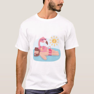 フラミンゴがプールフロートにくつろいでいる面白いデザイン Tシャツ