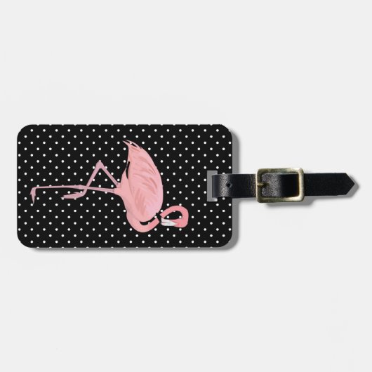 フラミンゴが付いているかわいらしく黒く及び白い水玉模様 ラゲッジタグ (正面横)