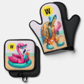 フラミンゴとカメのおもしろい 鍋つかみ&鍋敷きセット (正面/裏面)