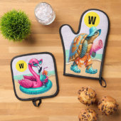 フラミンゴとカメのおもしろい 鍋つかみ&鍋敷きセット (トップダウン)