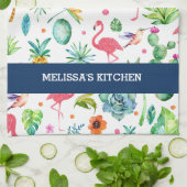 フラミンゴとカラフル熱帯パターン キッチンタオル (折り畳み)