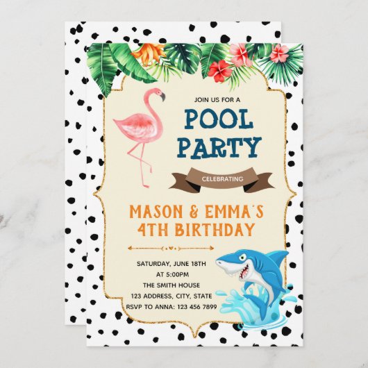 フラミンゴとサメパーティの招待状 招待状 (正面/裏面)