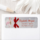 フラミンゴとサンタハットシルバー、レッドボウ、休日 ラベル (インサイチュ)