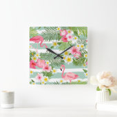 フラミンゴとストライプ スクエア壁時計 (ホーム)