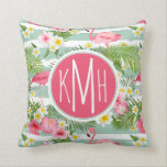 フラミンゴとストライプ |モノグラム クッション<br><div class="desc">鳥 |フラミンゴと熱帯の花のパターン。©と®Bigstock® - All Rights Reserved.</div>