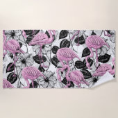 フラミンゴとハイビスカスの花 ビーチタオル (正面)