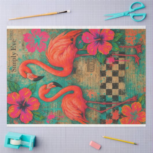 フラミンゴとハイビスカス – デコページ紙 | 組織 薄葉紙 (クラフト)