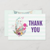 フラミンゴとバニーが入ったバスケットの卵ありがとう 招待状 (正面/裏面)