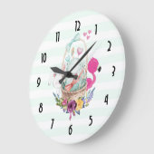 フラミンゴとバニーの入ったかごに入ったかわいい卵 ラージ壁時計 (傾斜)