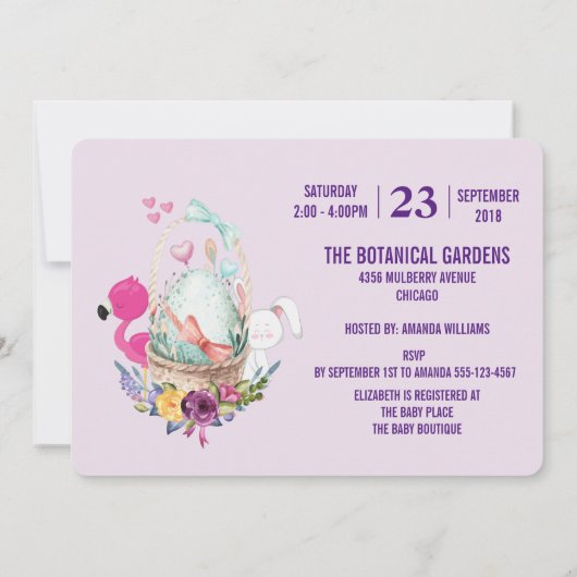 フラミンゴとバニーシャワーが入ったバスケットの卵 招待状 (裏面)