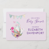 フラミンゴとバニーシャワーが入ったバスケットの卵 招待状 (正面)