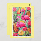 フラミンゴとパイナップル – 夏のトロピカルカード ポストカード (正面/裏面)