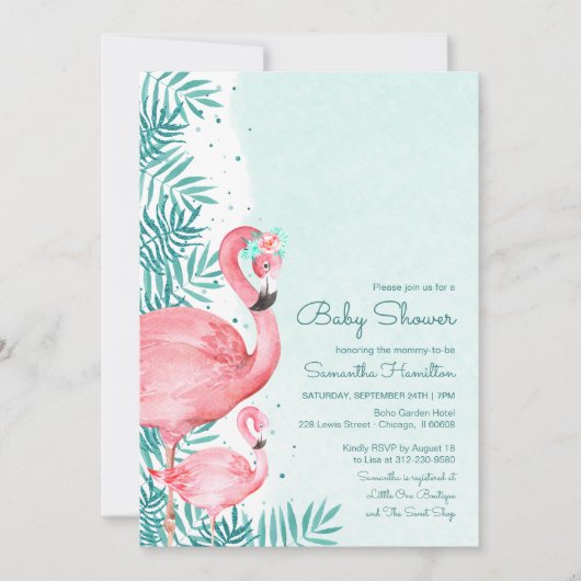 フラミンゴとパーム葉の水彩赤ちゃんシャワー 招待状 (正面)