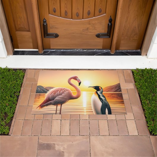 フラミンゴとペンギンの夕日の出会い ドアマット (室外)