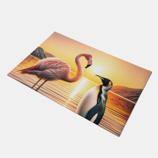 フラミンゴとペンギンの夕日の出会い ドアマット (アングル)
