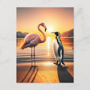 フラミンゴとペンギンの夕日の出会い ポストカード