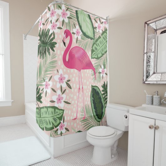 フラミンゴとヤシの木の継ぎ目のない図案 シャワーカーテン (インサイチュ)