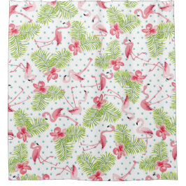 フラミンゴとヤシの木 シャワーカーテン