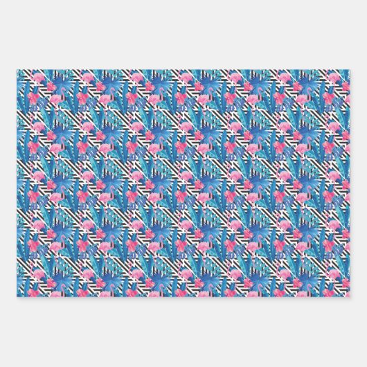 フラミンゴと手のひらの幾何学模様 ラッピングペーパーシート (正面3)