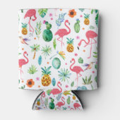フラミンゴと熱帯の花と葉花の模様 缶クーラー (正面)