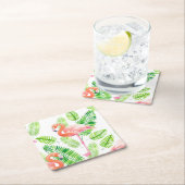 フラミンゴと熱帯葉の スクエアペーパーコースター (インサイチュ)