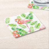 フラミンゴと熱帯葉の スクエアペーパーコースター (アングル)