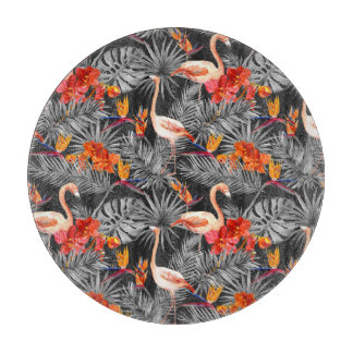 フラミンゴと花、モノクロパターン。 カッティングボード