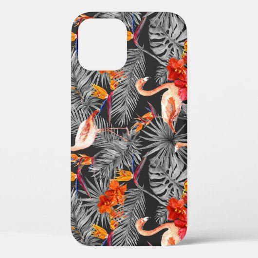 フラミンゴと花、モノクロパターン。 Case-Mate iPhoneケース (裏面)