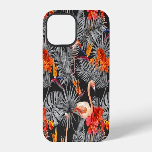 フラミンゴと花、モノクロパターン iPhoneケース (裏面)
