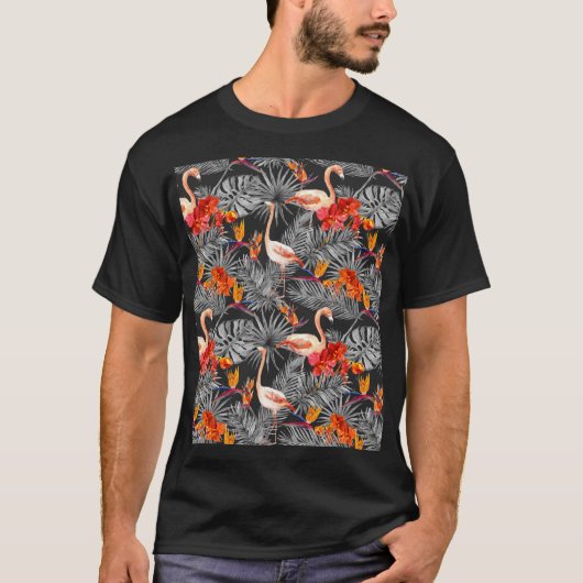 フラミンゴと花、モノクロパターン。 Tシャツ (正面)