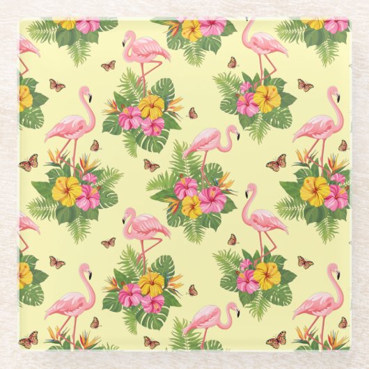 フラミンゴと蝶2 ガラスコースター (正面)