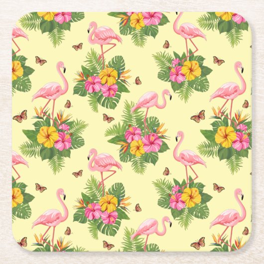 フラミンゴと蝶2 スクエアペーパーコースター (正面)