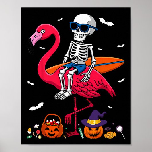 フラミンゴに乗るスケルトンのサーファー ハロウィン ポスター (正面)