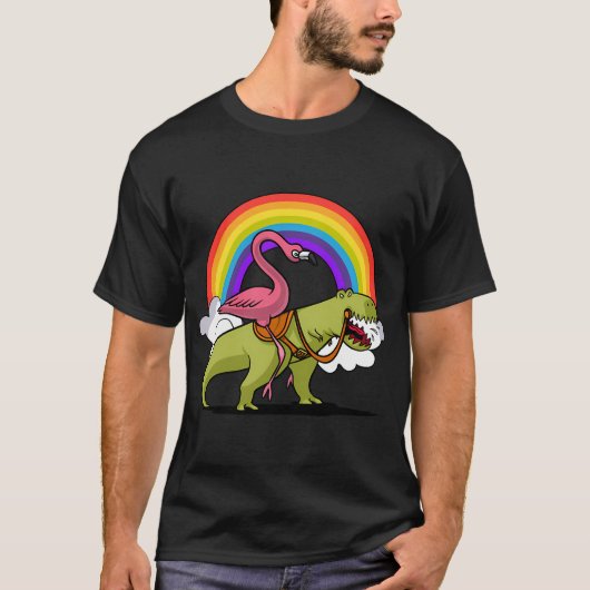 フラミンゴに乗るティラノサウルス Tシャツ (正面)