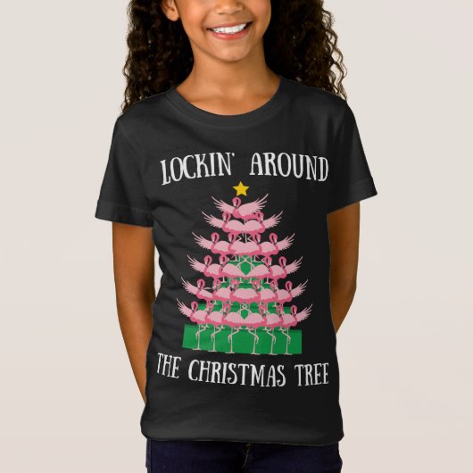 フラミンゴのまわりにがクリスマスツリーの灯りを集める Tシャツ (正面)