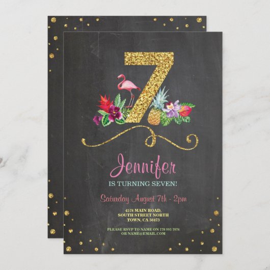 フラミンゴのアロハ第7誕生日7のパーティーのチョークの招待 招待状 (正面/裏面)