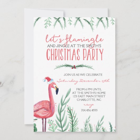 フラミンゴのクリスマスのパーティの招待状 招待状 (正面)