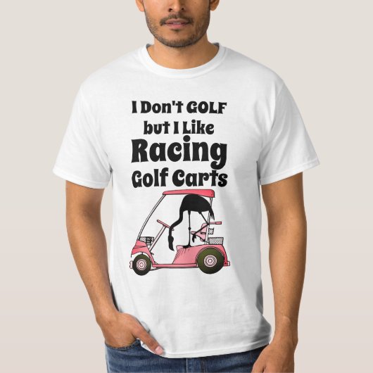 フラミンゴのゴルフカートレースの面白グッズ Tシャツ (正面)