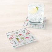 フラミンゴのサボテンのパイナップルハイビスカスパターン ガラスコースター (アングル)