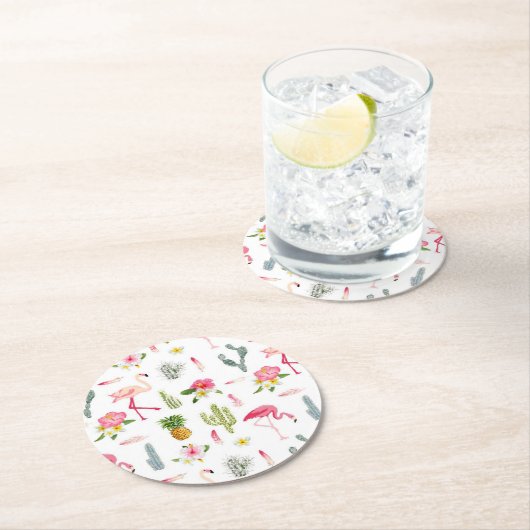 フラミンゴのサボテンのパイナップルハイビスカスパターン ラウンドペーパーコースター (インサイチュ)