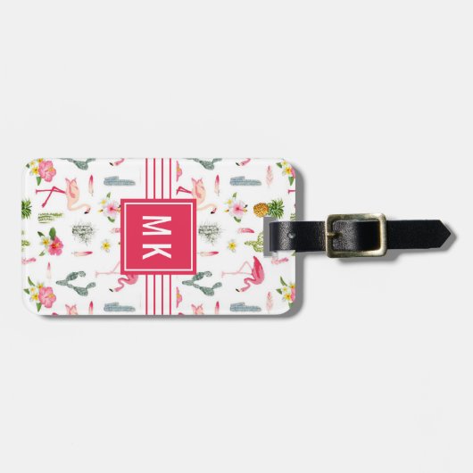フラミンゴのサボテンのパイナップルハイビスカスパターン ラゲッジタグ (正面横)