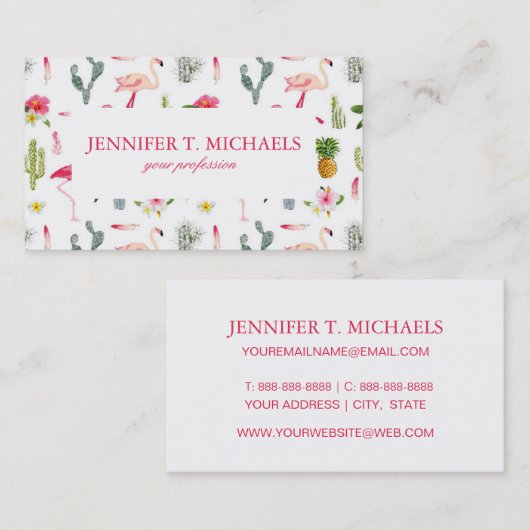 フラミンゴのサボテンのパイナップルハイビスカスパターン 名刺 (正面/裏面)