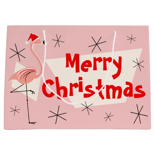 フラミンゴのサンタのピンクのメリークリスマスの大きいギフトバッグ ラージペーパーバッグ (正面)