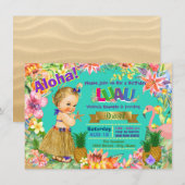 フラミンゴのハワイアン ルアウ 誕生日パーティー 招待状 (正面/裏面)