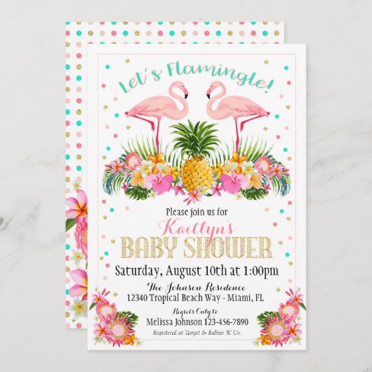 フラミンゴのパイナップル熱帯ベビーシャワー 招待状 (正面/裏面)