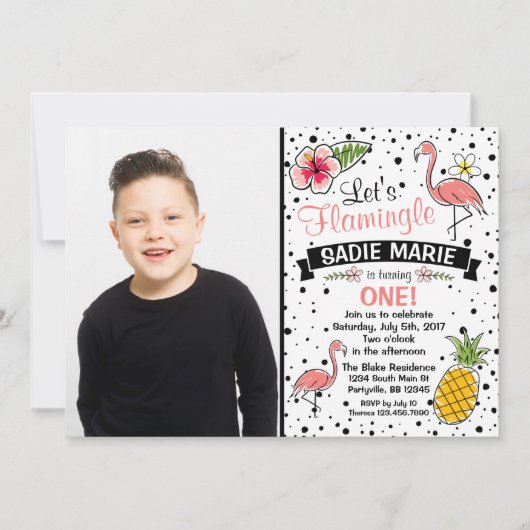 フラミンゴのパイナップル落書きの誕生日の写真の招待状 招待状 (正面)