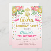 フラミンゴのパーティの招待状の熱帯誕生日のルアウ(ハワイ式宴会) 招待状 (正面/裏面)