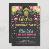 フラミンゴのパーティの招待状の熱帯誕生日のルアウ（ハワイ式宴会） 招待状 (正面/裏面)